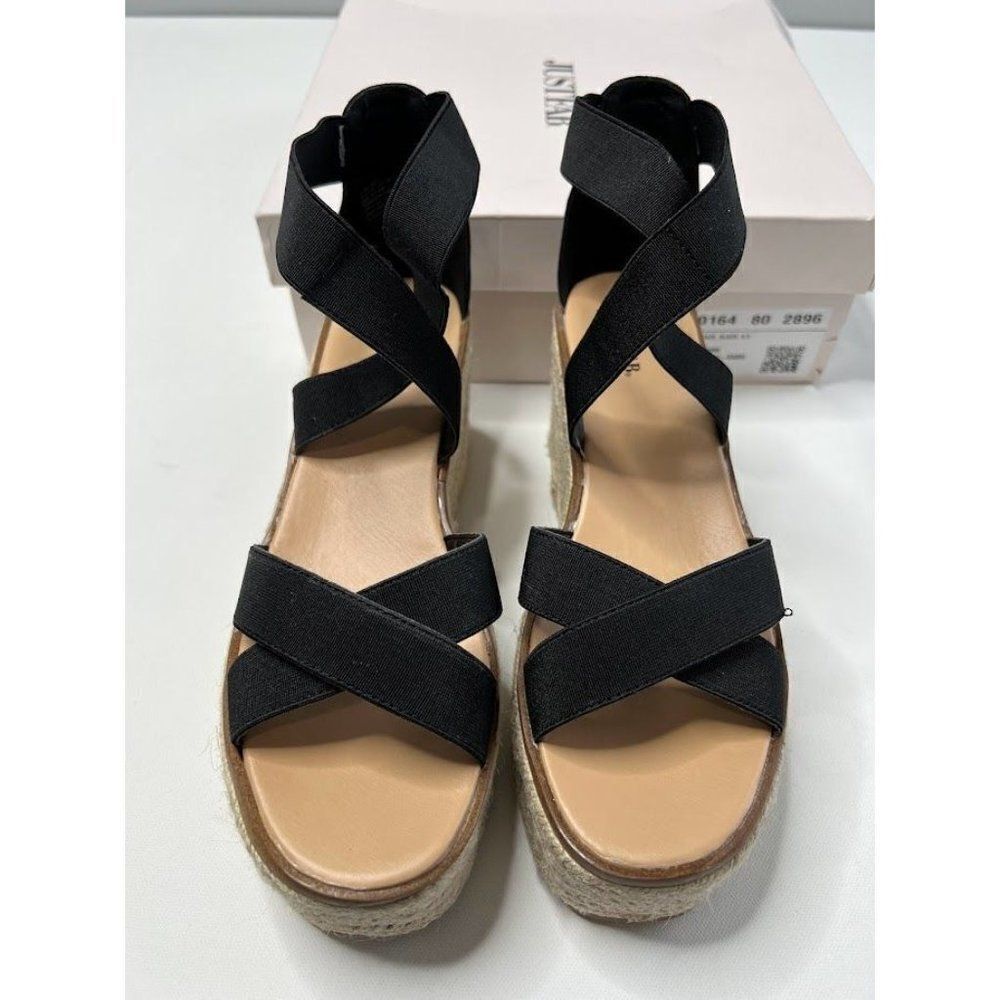 JUST FAB Sunny Daze Black‎ Ankle Strap Wedge 9.5 NEW - Picture 2 of 5